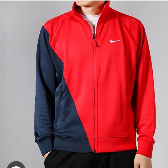 Nike Big Swoosh Zip Up Track Jacket Color Block Red Navy Blue Men's Large - Picture 1 of 12